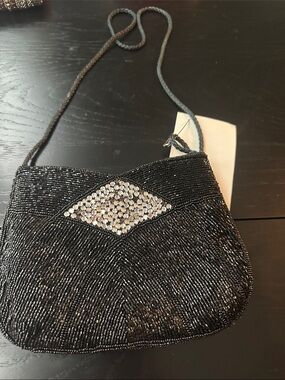 La Regale Black Beaded Evening Crossbody Bag with Crystal Accent